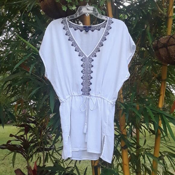 GAP Embroidered Tunic White Blue Cotton SZ S BOHO Blue Drawstring Short Sleeve - Picture 1 of 5